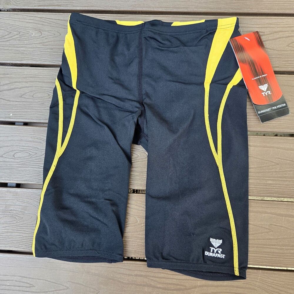 TYR Alliance Boy Men Splice Jammer Black/yellow Swim Suit Sz 28 NEW